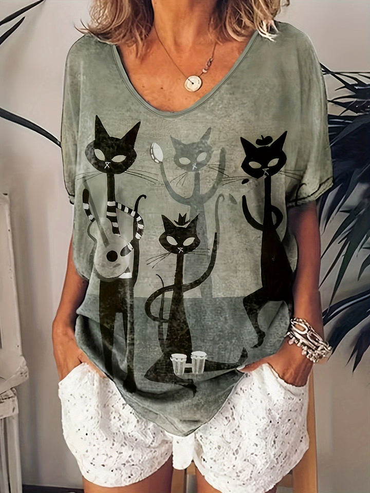 Sue™ - Casual T-Shirt with Cat Motif