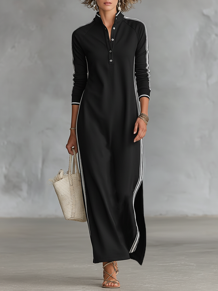 Minimalist women's sweatshirt dress with white collar and button placket