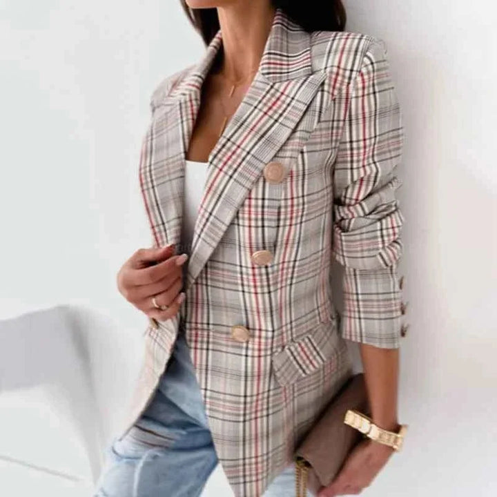 Women's checked blazer with buttons, long sleeves