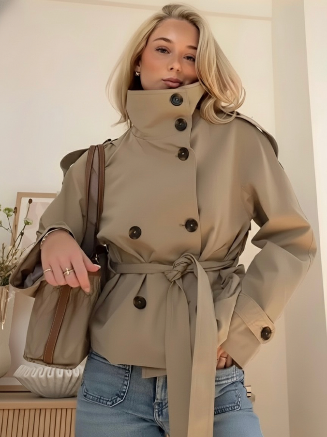 Damen Stehkragen Langarmjacke mit Gürtel und Knöpfen