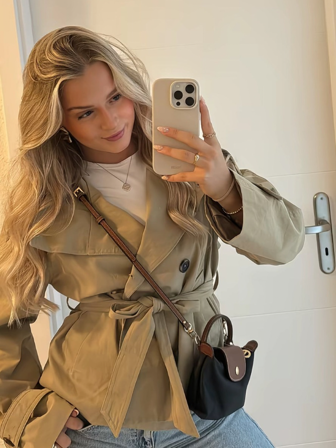 Damen Stehkragen Langarmjacke mit Gürtel und Knöpfen