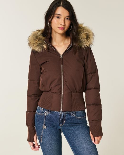 Damen Cropped Langarm Pufferjacke mit Kapuze