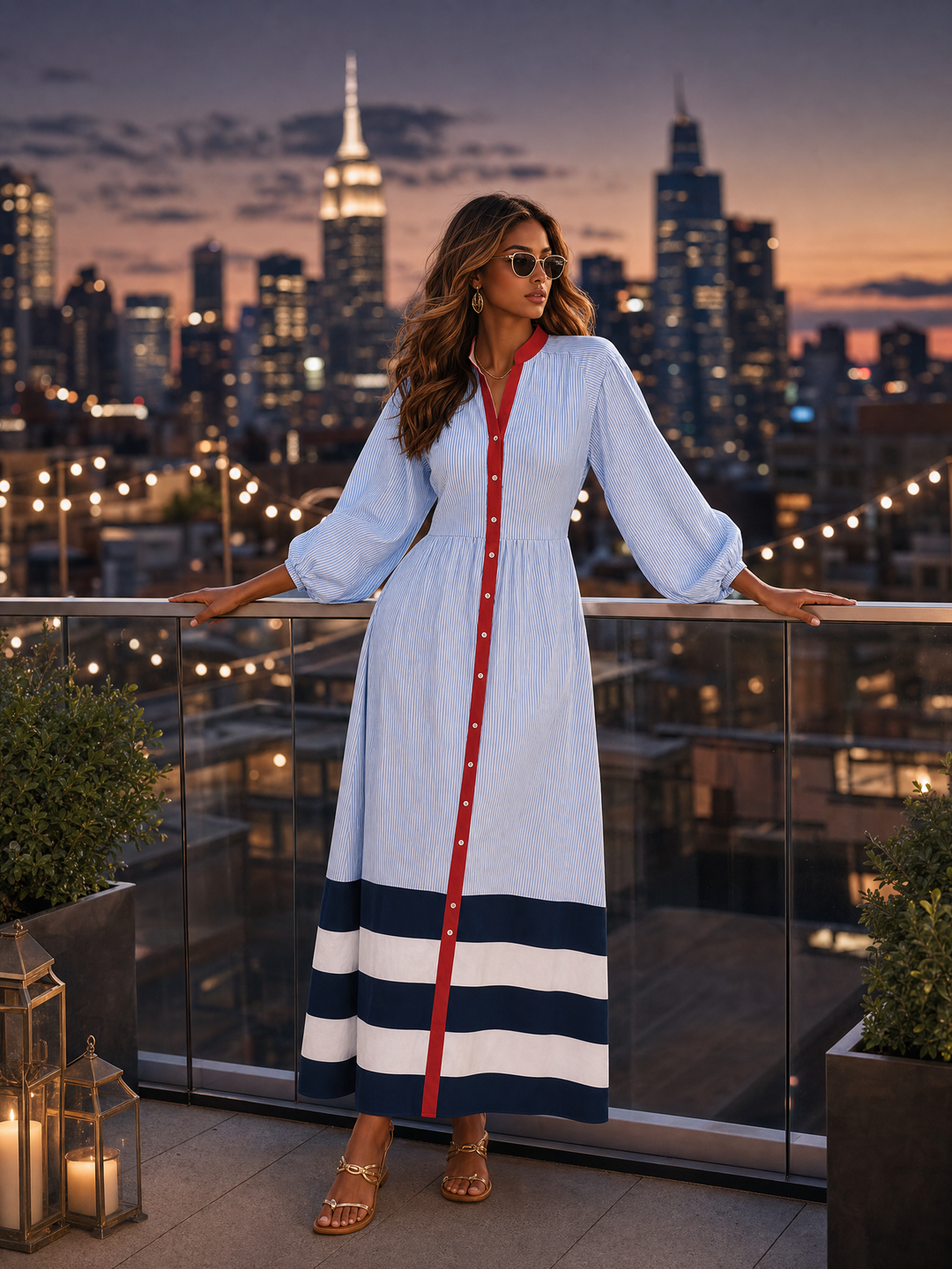 Damen Midi-Kleid mit Stehkragen, langen Ärmeln und Streifen mit Knöpfen