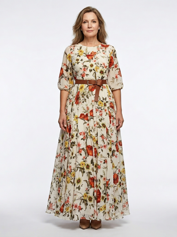 Odelia | Maxi Dress with Round Neck and Three-Quarter Sleeves, with Belt