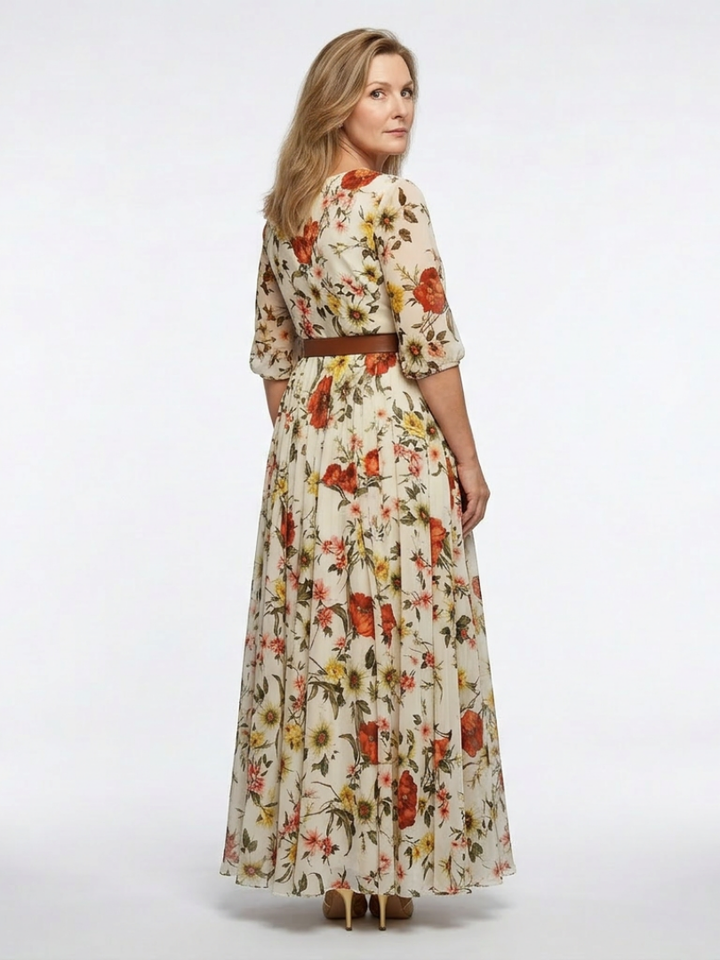 Odelia | Maxi Dress with Round Neck and Three-Quarter Sleeves, with Belt