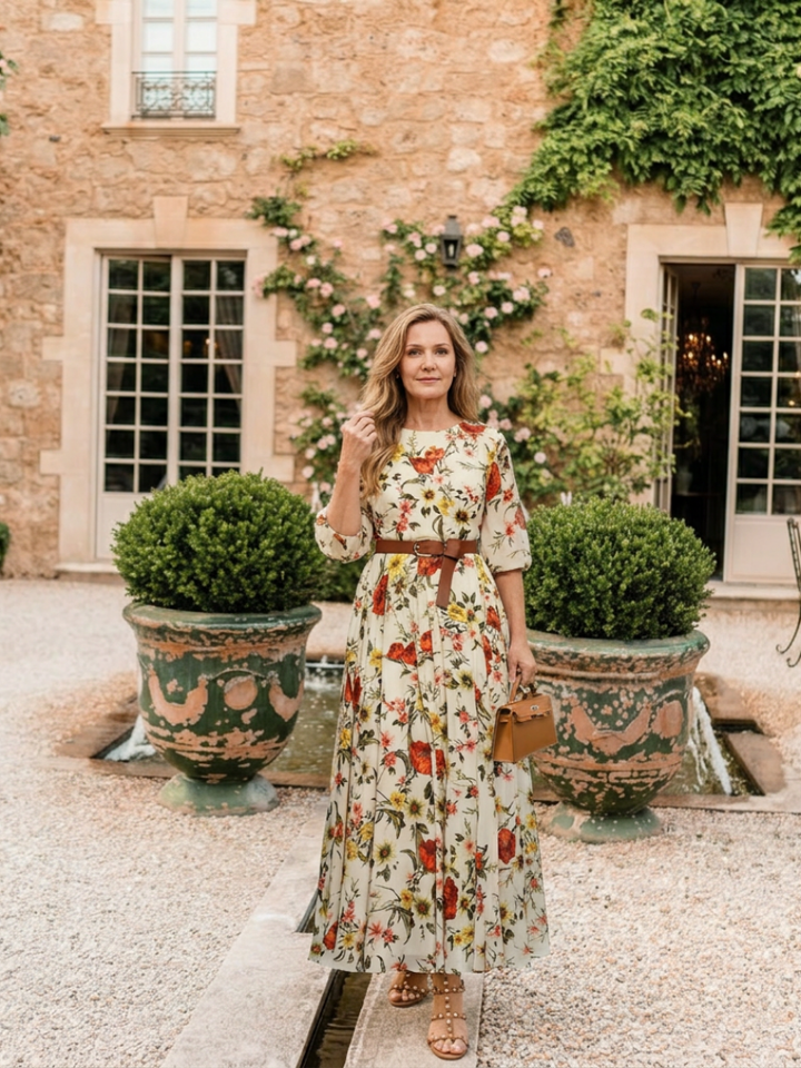 Odelia | Maxi Dress with Round Neck and Three-Quarter Sleeves, with Belt