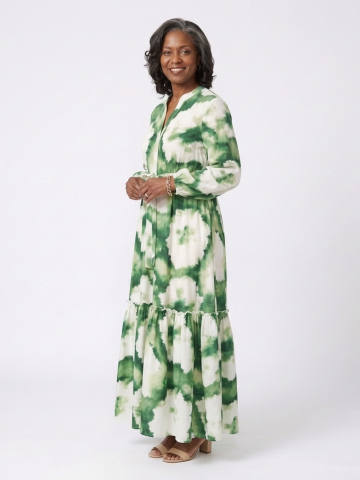 Sabine | Long-sleeved Maxi Dress with Waist Knot and Tiered Skirt