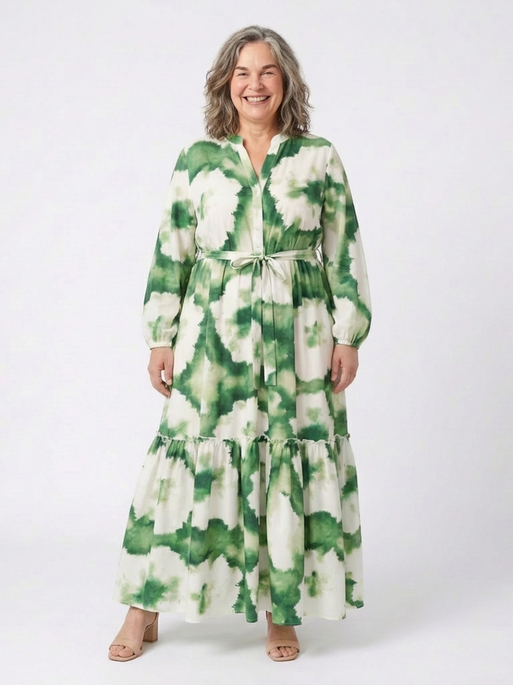Sabine | Long-sleeved Maxi Dress with Waist Knot and Tiered Skirt