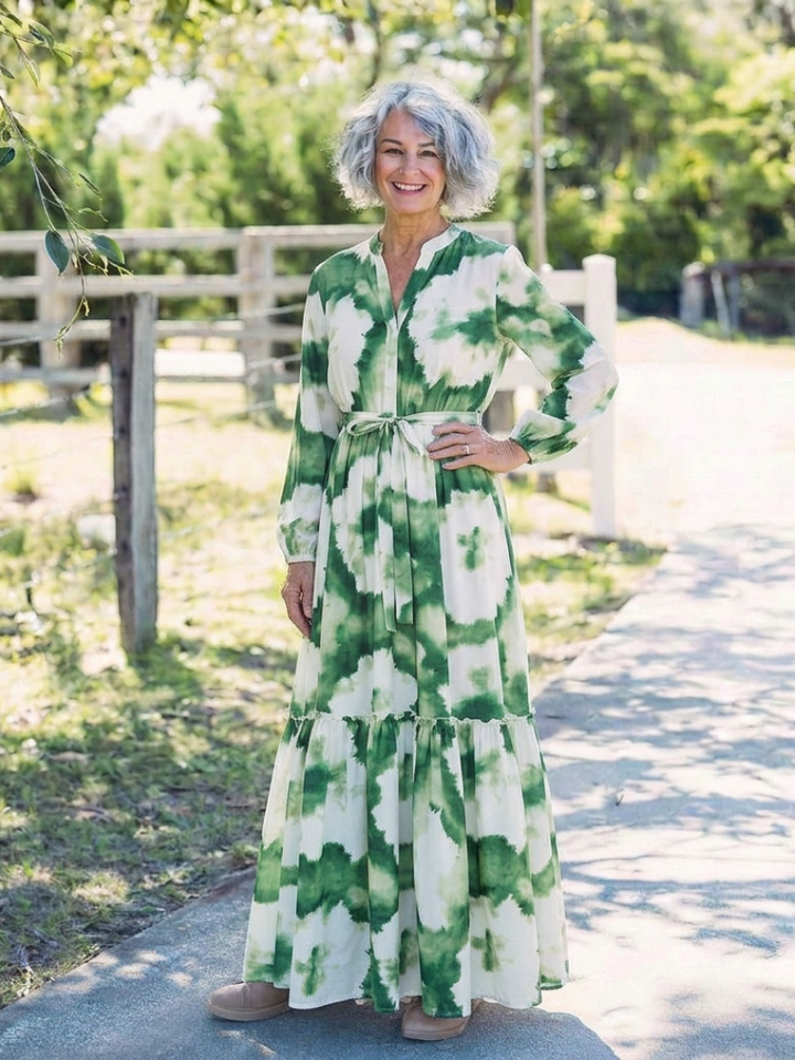Sabine | Long-sleeved Maxi Dress with Waist Knot and Tiered Skirt