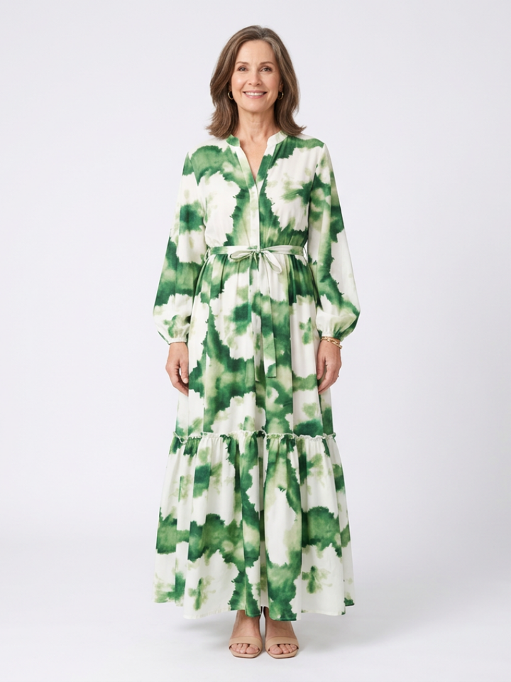 Sabine | Long-sleeved Maxi Dress with Waist Knot and Tiered Skirt