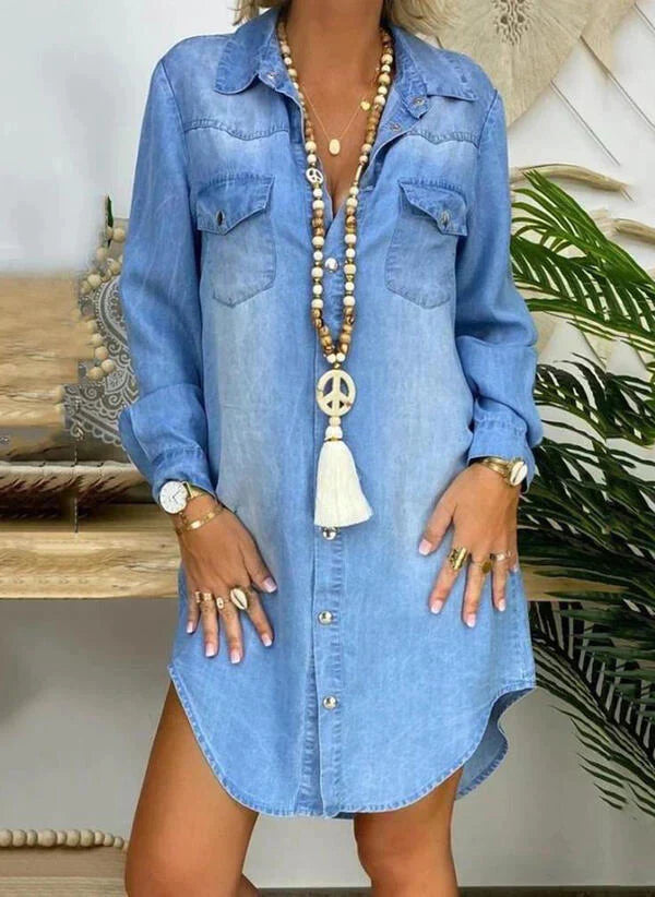 Jasmine™ - Trendy Denim Shirt Dress with Long Sleeves