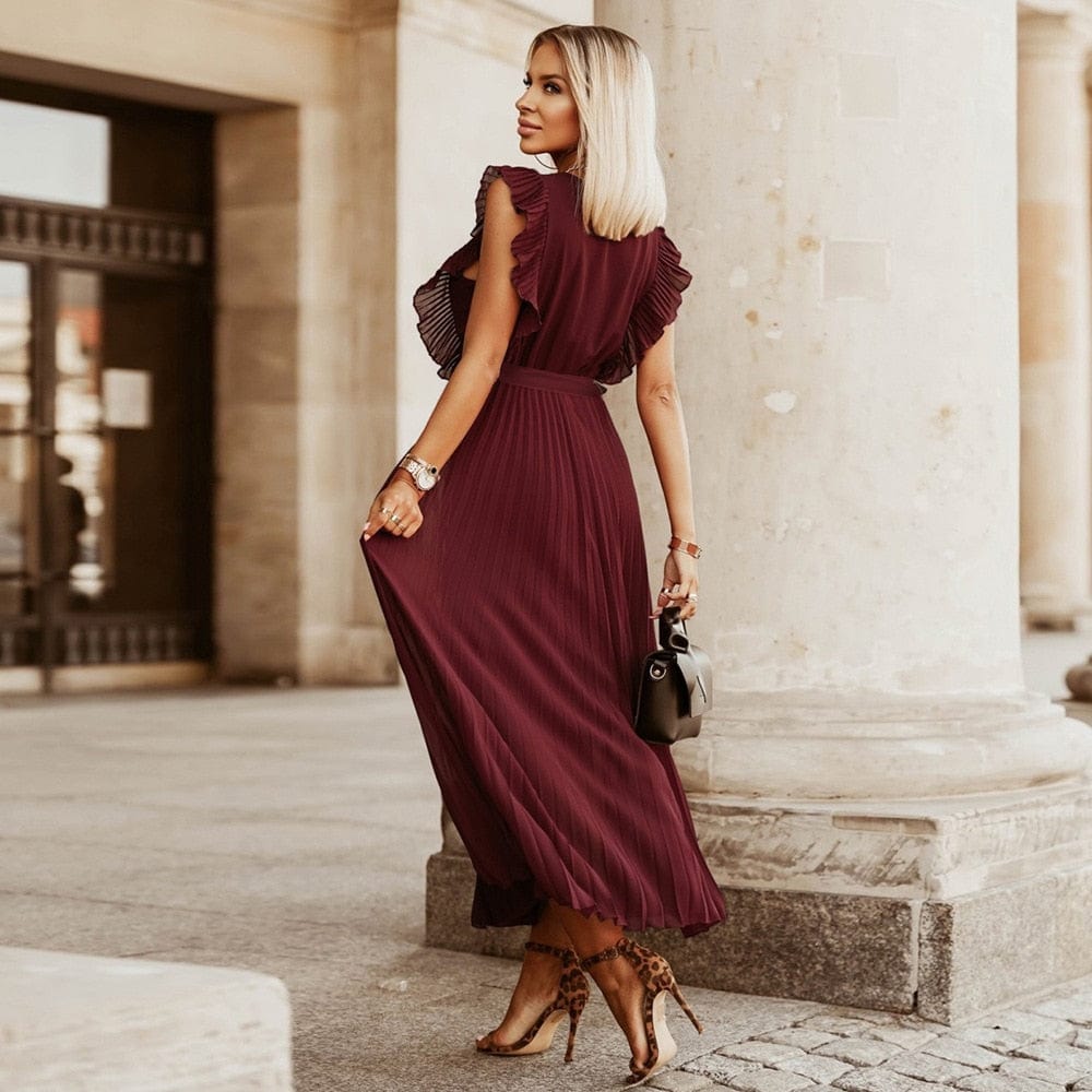 Elena™ Dark Red V-Neck Boho Party Dress