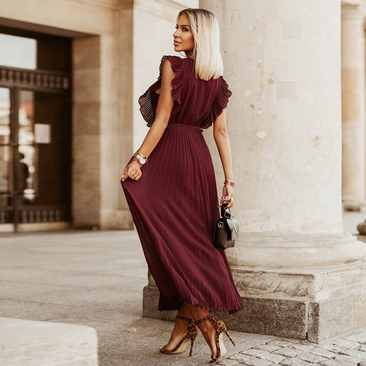 Elena™ Dark Red V-Neck Boho Party Dress