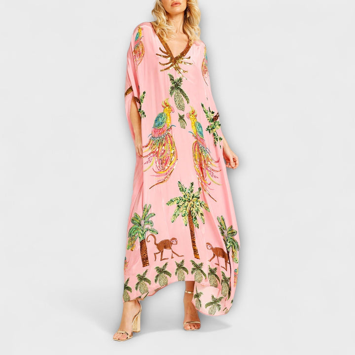 Linda - Beautiful dress with asymmetric shoulders and tropical coconut tree print
