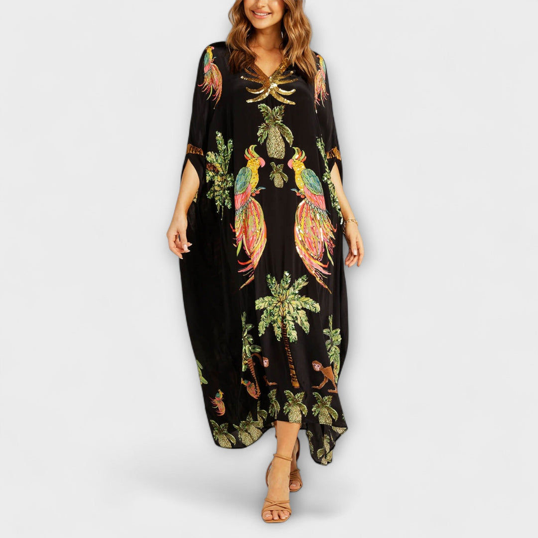 Linda - Beautiful dress with asymmetric shoulders and tropical coconut tree print