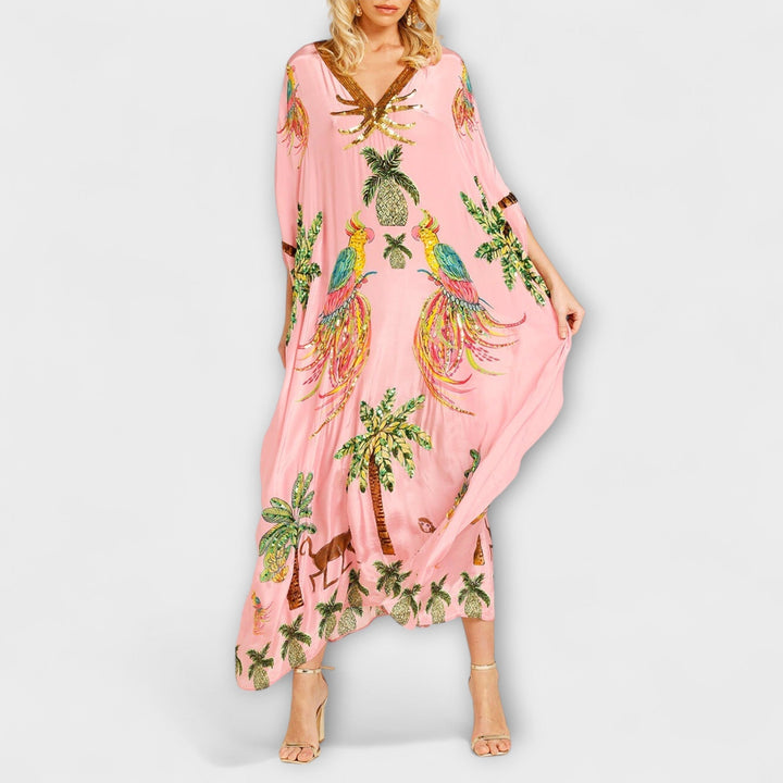 Linda - Beautiful dress with asymmetric shoulders and tropical coconut tree print