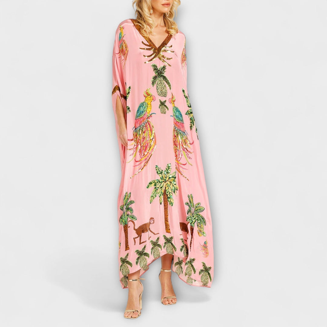 Linda - Beautiful dress with asymmetric shoulders and tropical coconut tree print