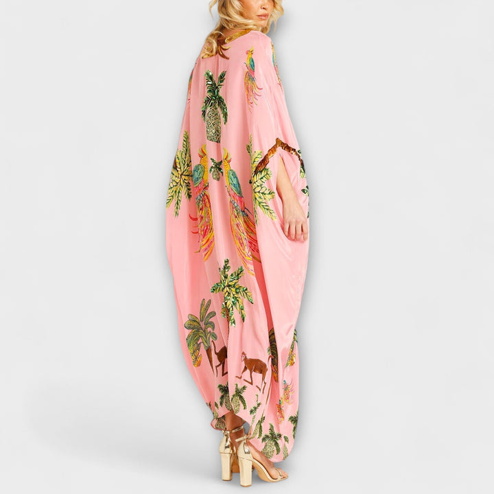 Linda - Beautiful dress with asymmetric shoulders and tropical coconut tree print