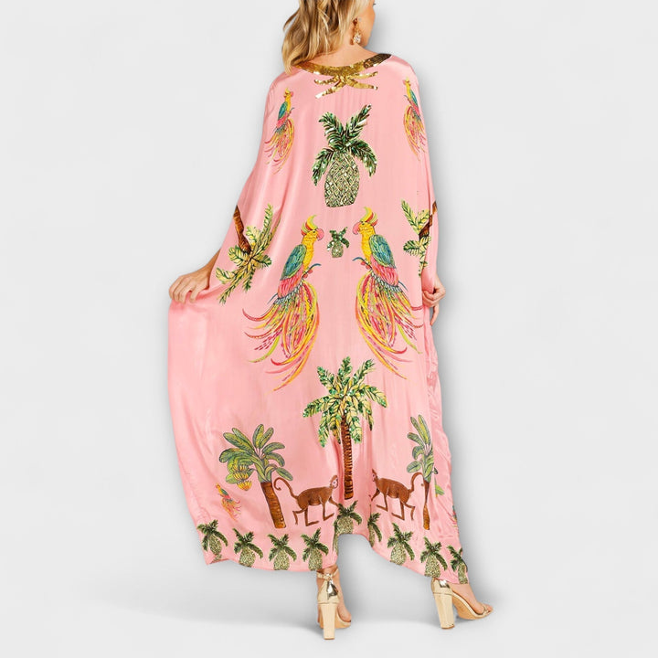 Linda - Beautiful dress with asymmetric shoulders and tropical coconut tree print