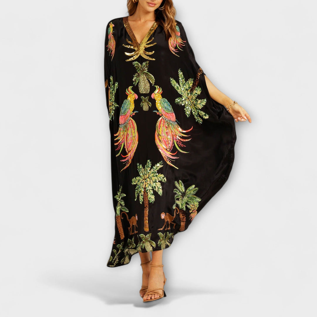 Linda - Beautiful dress with asymmetric shoulders and tropical coconut tree print