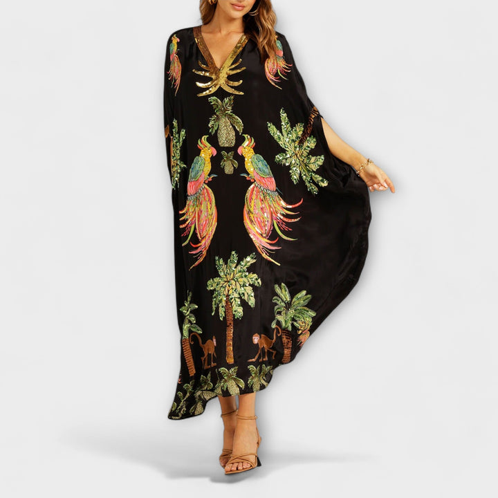 Linda - Beautiful dress with asymmetric shoulders and tropical coconut tree print