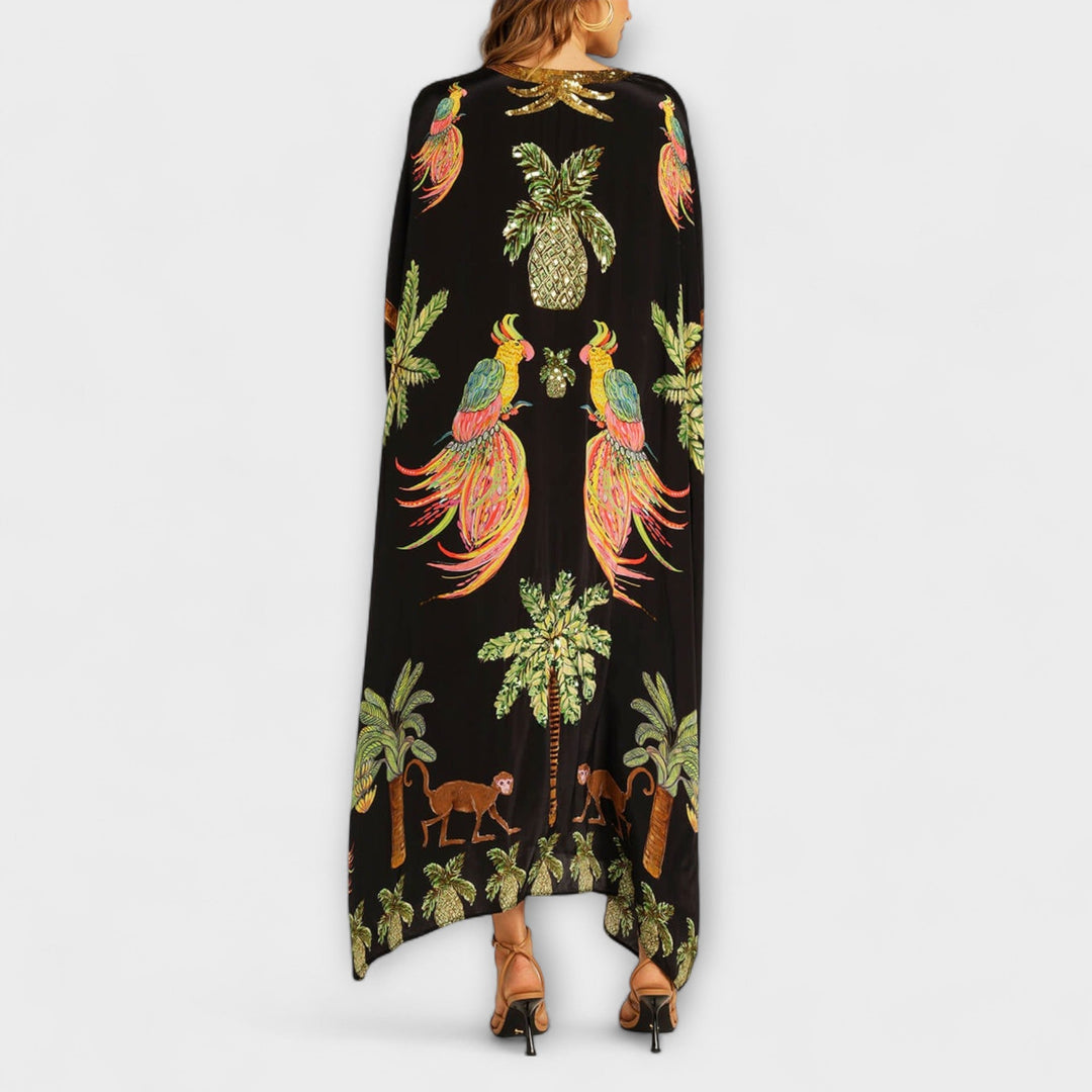 Linda - Beautiful dress with asymmetric shoulders and tropical coconut tree print