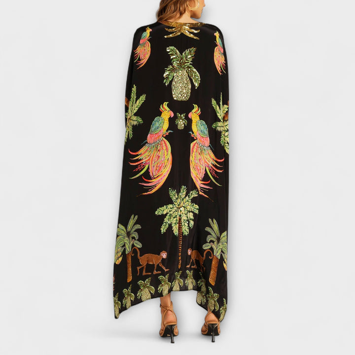 Linda - Beautiful dress with asymmetric shoulders and tropical coconut tree print
