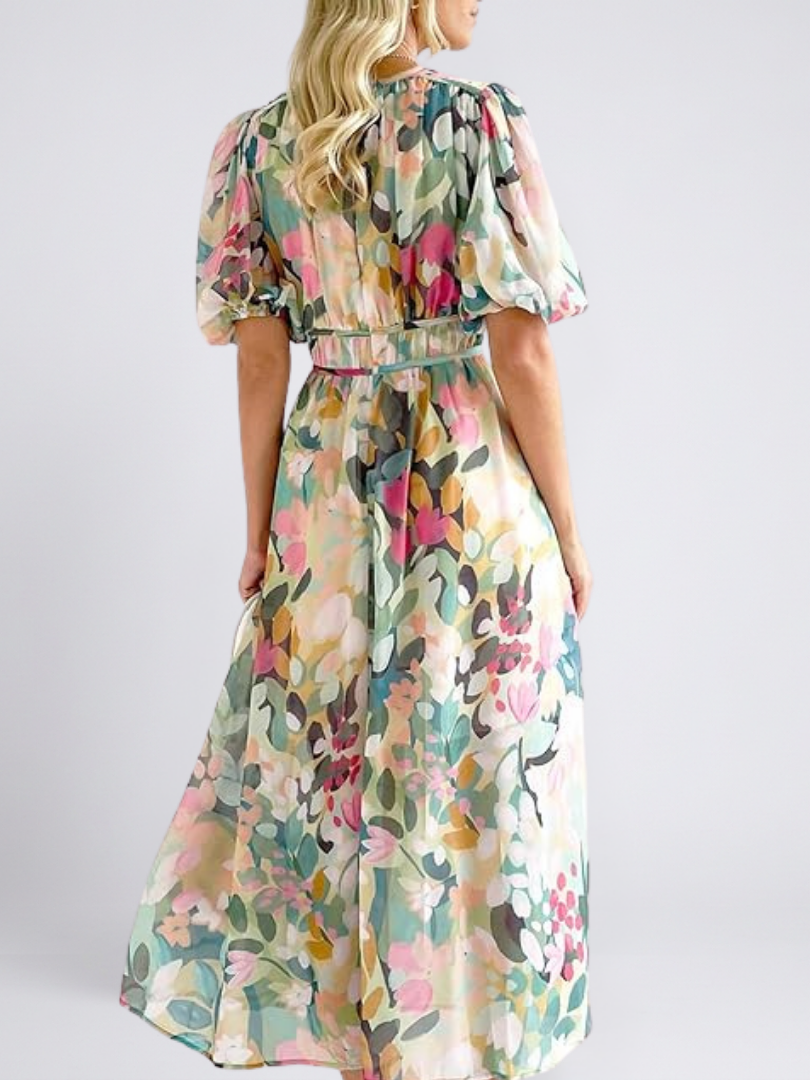 Eulalie | V-Neck Short Sleeve Ruched Waist Midi Dress