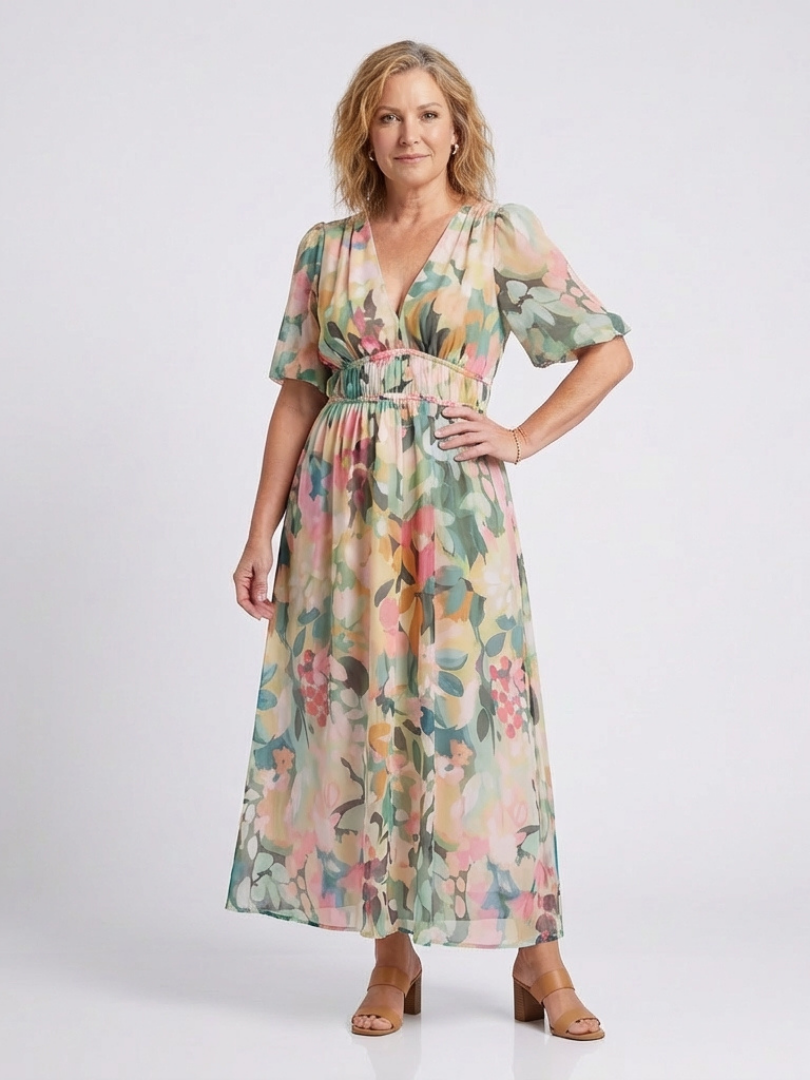 Eulalie | V-Neck Short Sleeve Ruched Waist Midi Dress