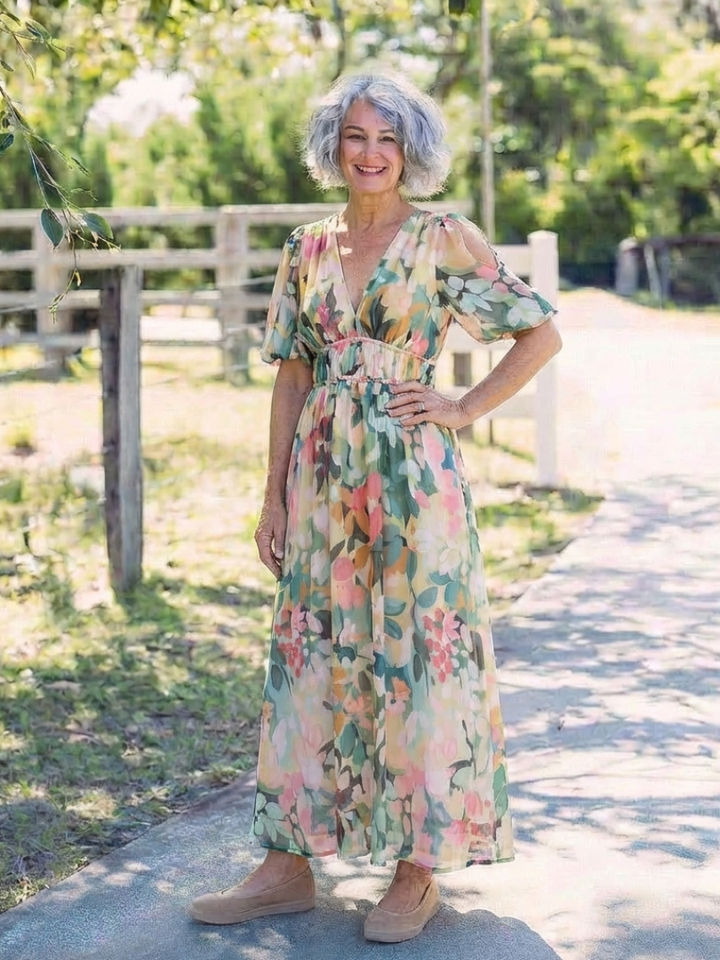 Eulalie | V-Neck Short Sleeve Ruched Waist Midi Dress