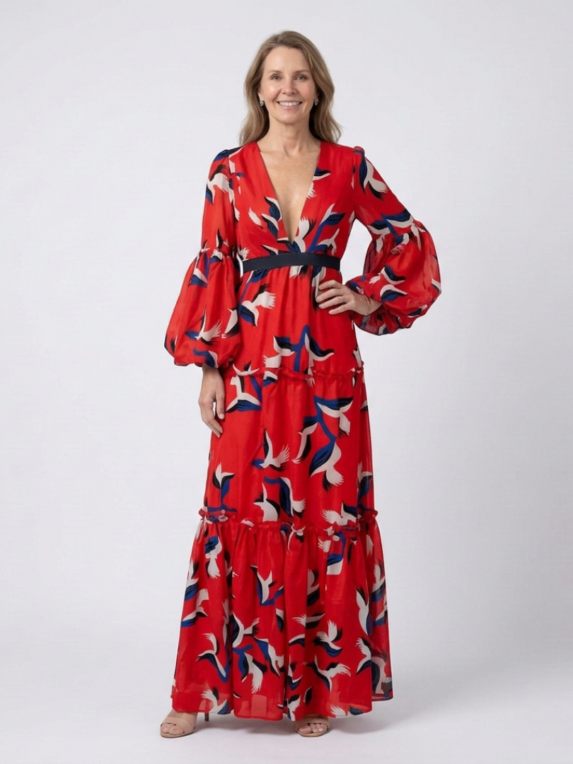 Isolde | V-neck Tie-waist Long-sleeve Maxi Dress