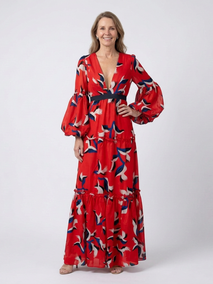 Isolde | V-neck Tie-waist Long-sleeve Maxi Dress