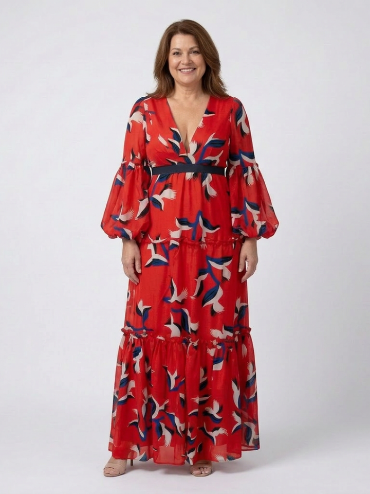 Isolde | V-neck Tie-waist Long-sleeve Maxi Dress