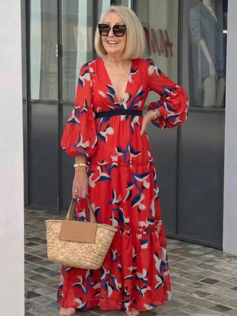 Isolde | V-neck Tie-waist Long-sleeve Maxi Dress