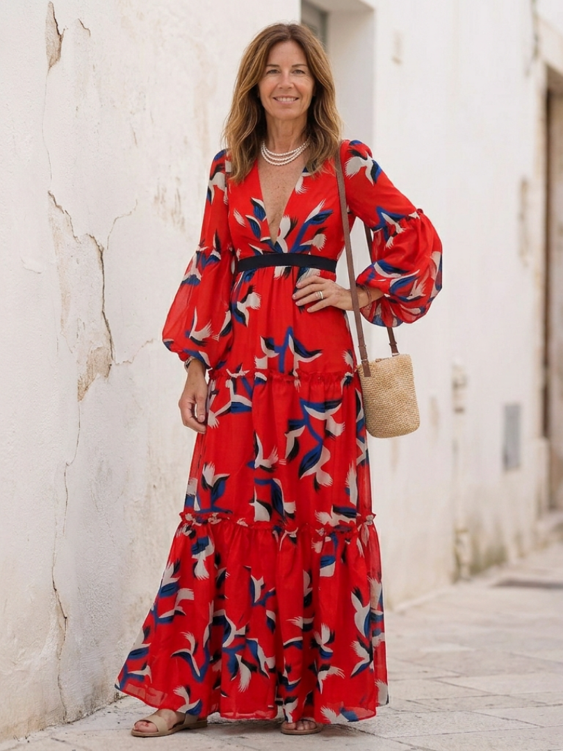 Isolde | V-neck Tie-waist Long-sleeve Maxi Dress