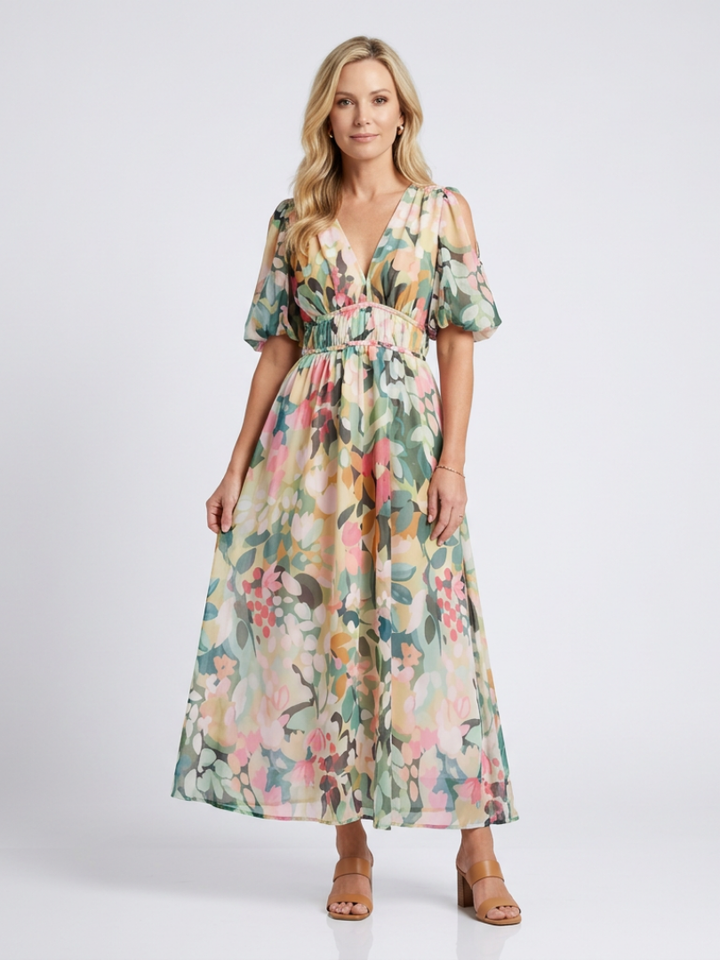 Eulalie | V-Neck Short Sleeve Ruched Waist Midi Dress