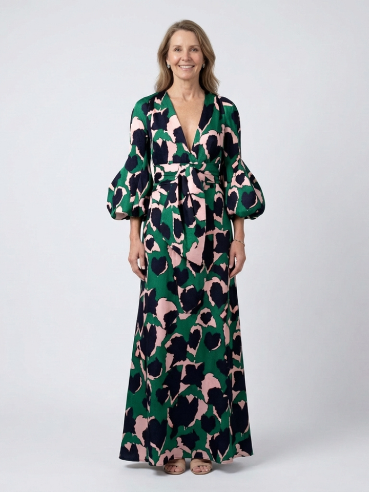 Isolde | V-neck Tie-waist Long-sleeve Maxi Dress