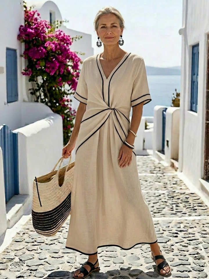 Linnea | V-Neck Short-Sleeve Ruched-Waist Midi Dress
