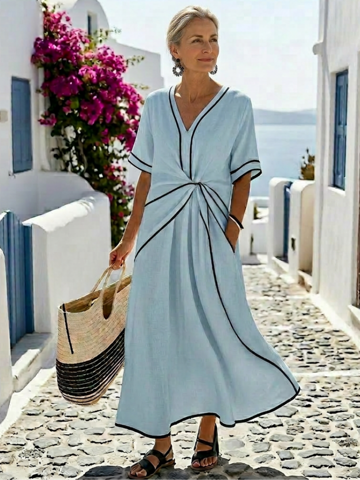 Linnea | V-Neck Short-Sleeve Ruched-Waist Midi Dress