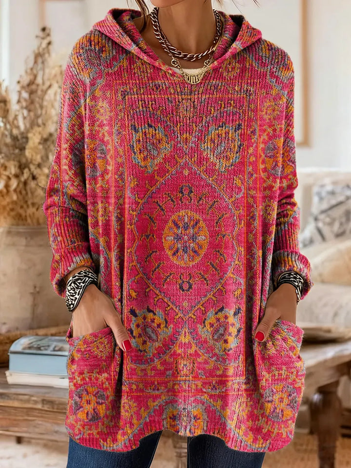 Vintage-Inspired Hooded Knit Tunic with Pockets and Ethnic Print