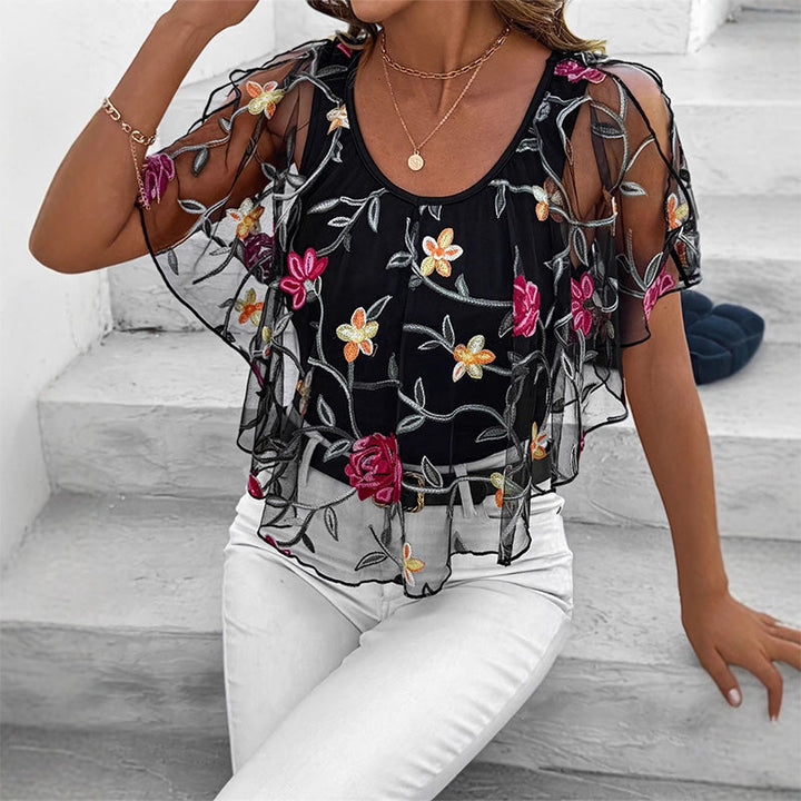 Davina™ – Elegant Printed Mesh and Lace Top