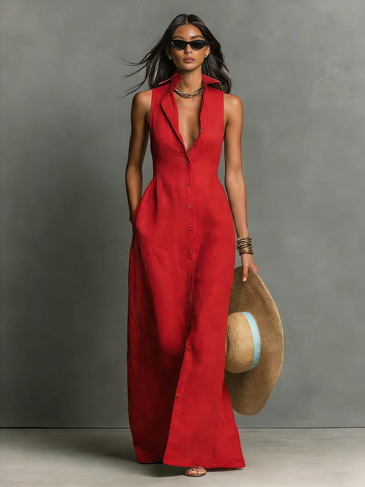 Women's Minimalist Collarless Single-Breasted Sleeveless Maxi Shirt Dress