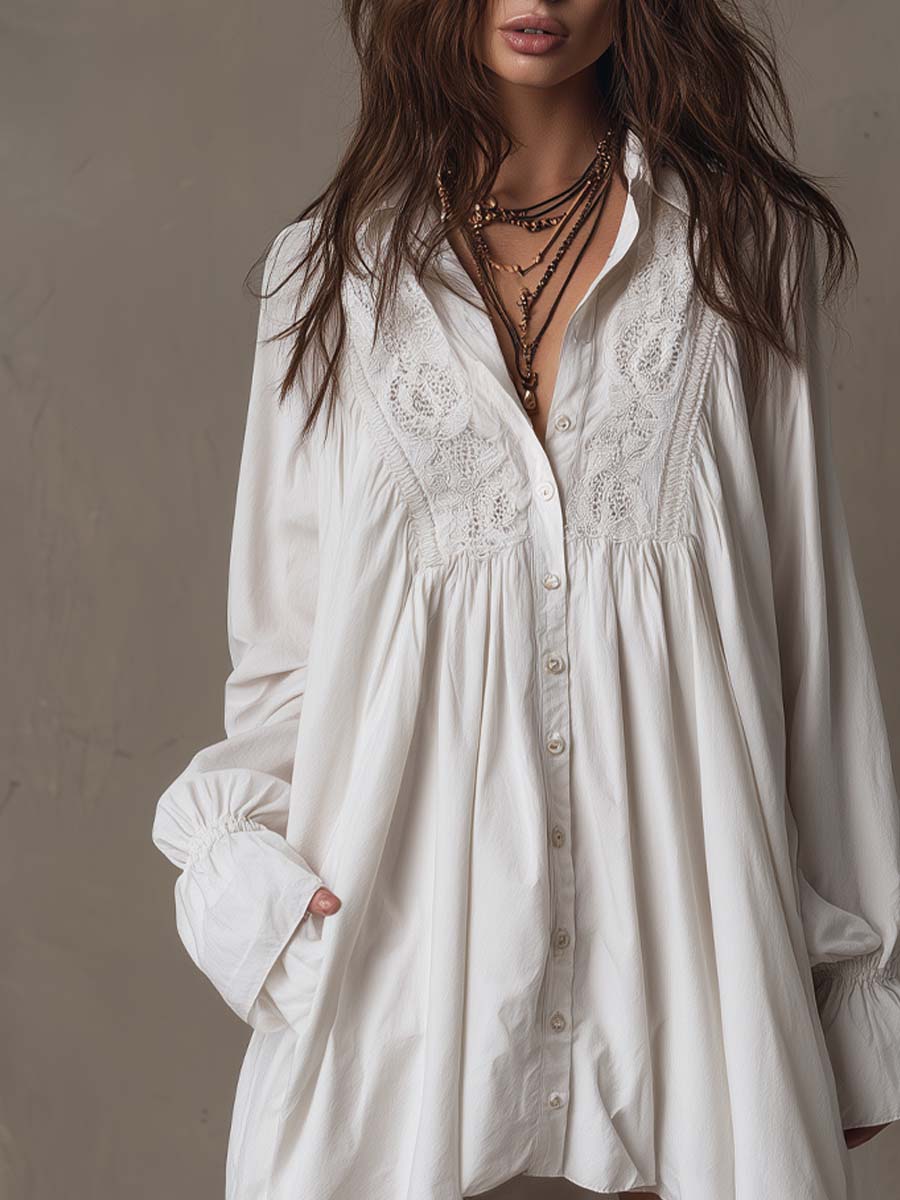 Retro Style Lace Irregular Hem Long Sleeve Mini Dress
