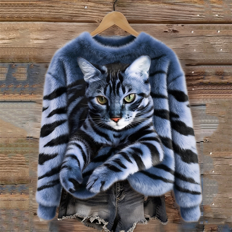 Cozy Plush Sweatshirt with a Tiger and Tabby Kitten Design