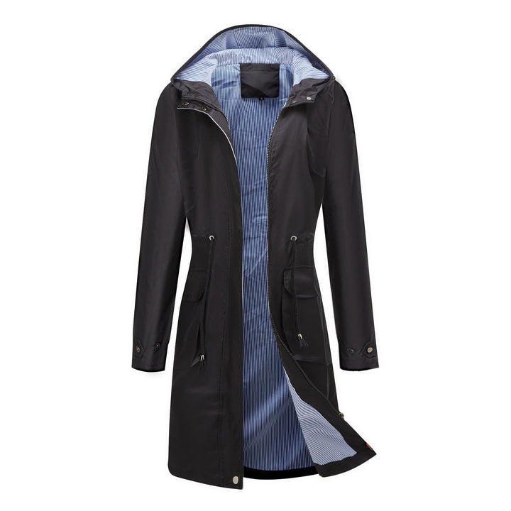 Women’s waterproof raincoat with hood and adjustable drawstring