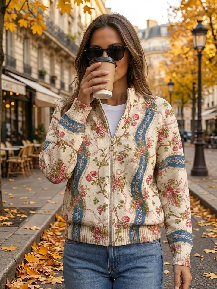 Eulalia | Women's ribbed cardigan with climbing rose pattern and pockets