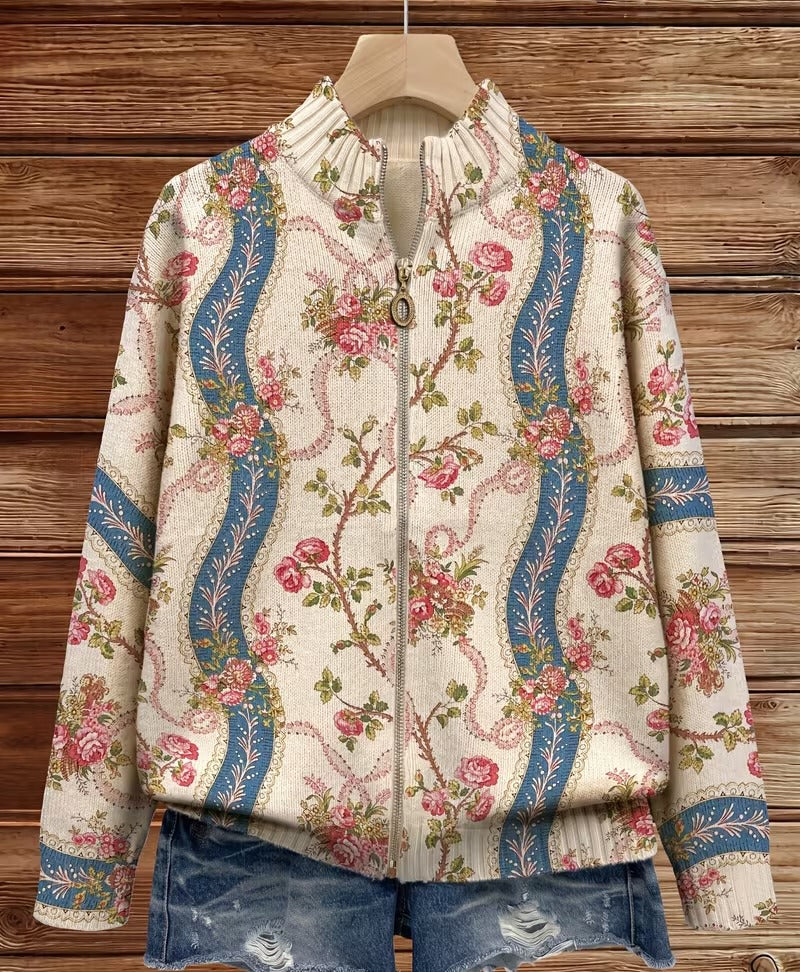 Eulalia | Women's ribbed cardigan with climbing rose pattern and pockets