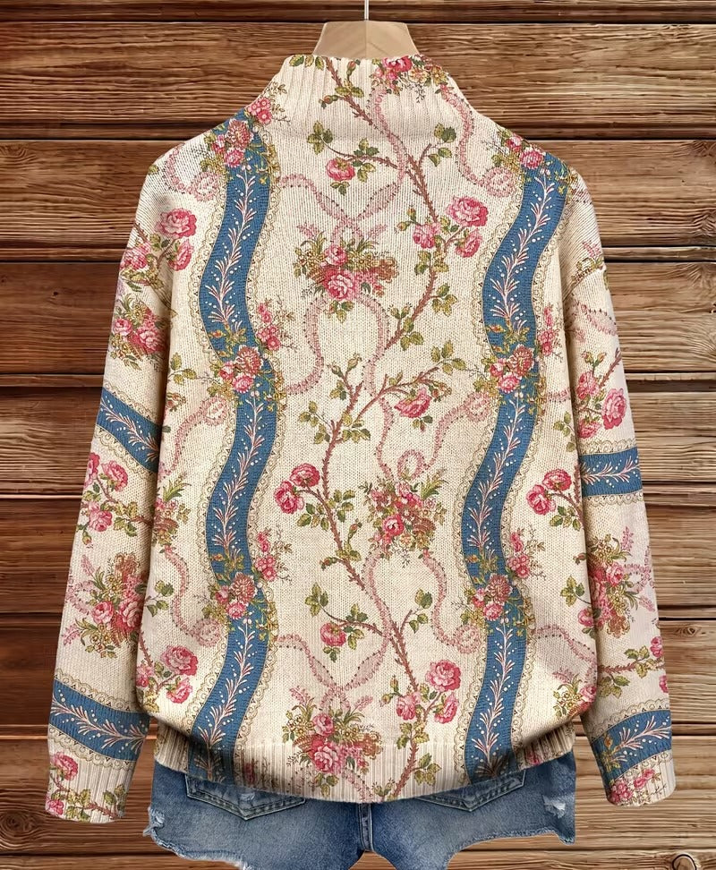 Eulalia | Women's ribbed cardigan with climbing rose pattern and pockets