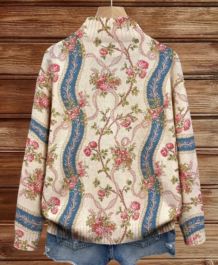 Eulalia | Women's ribbed cardigan with climbing rose pattern and pockets