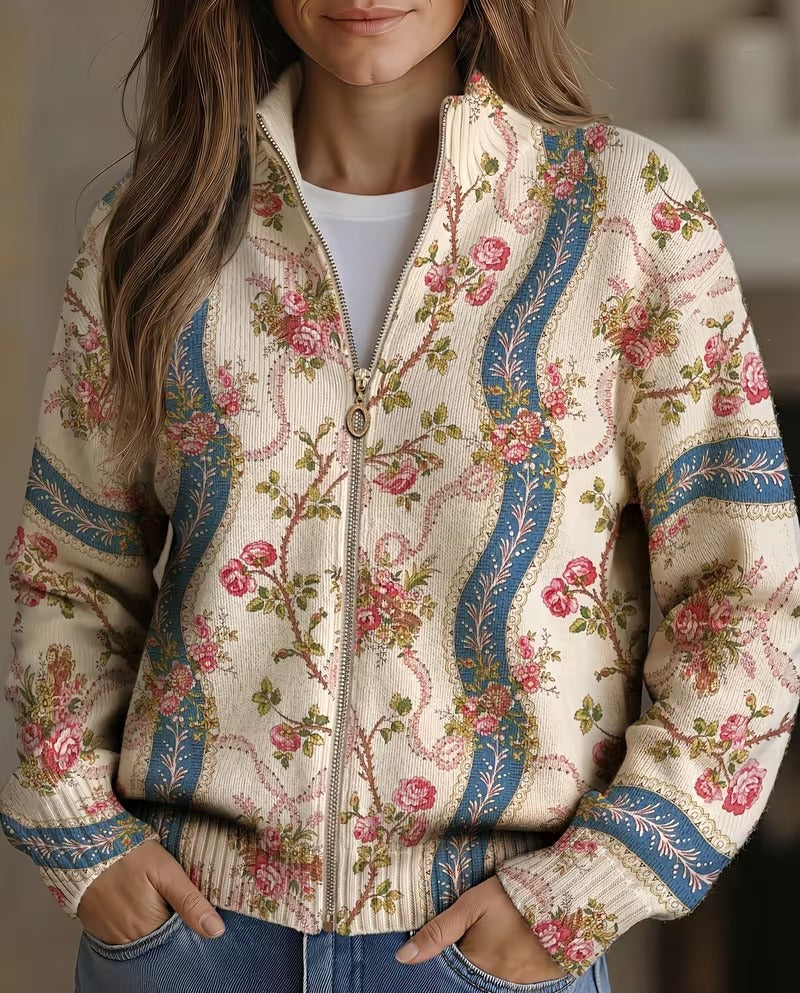 Eulalia | Women's ribbed cardigan with climbing rose pattern and pockets